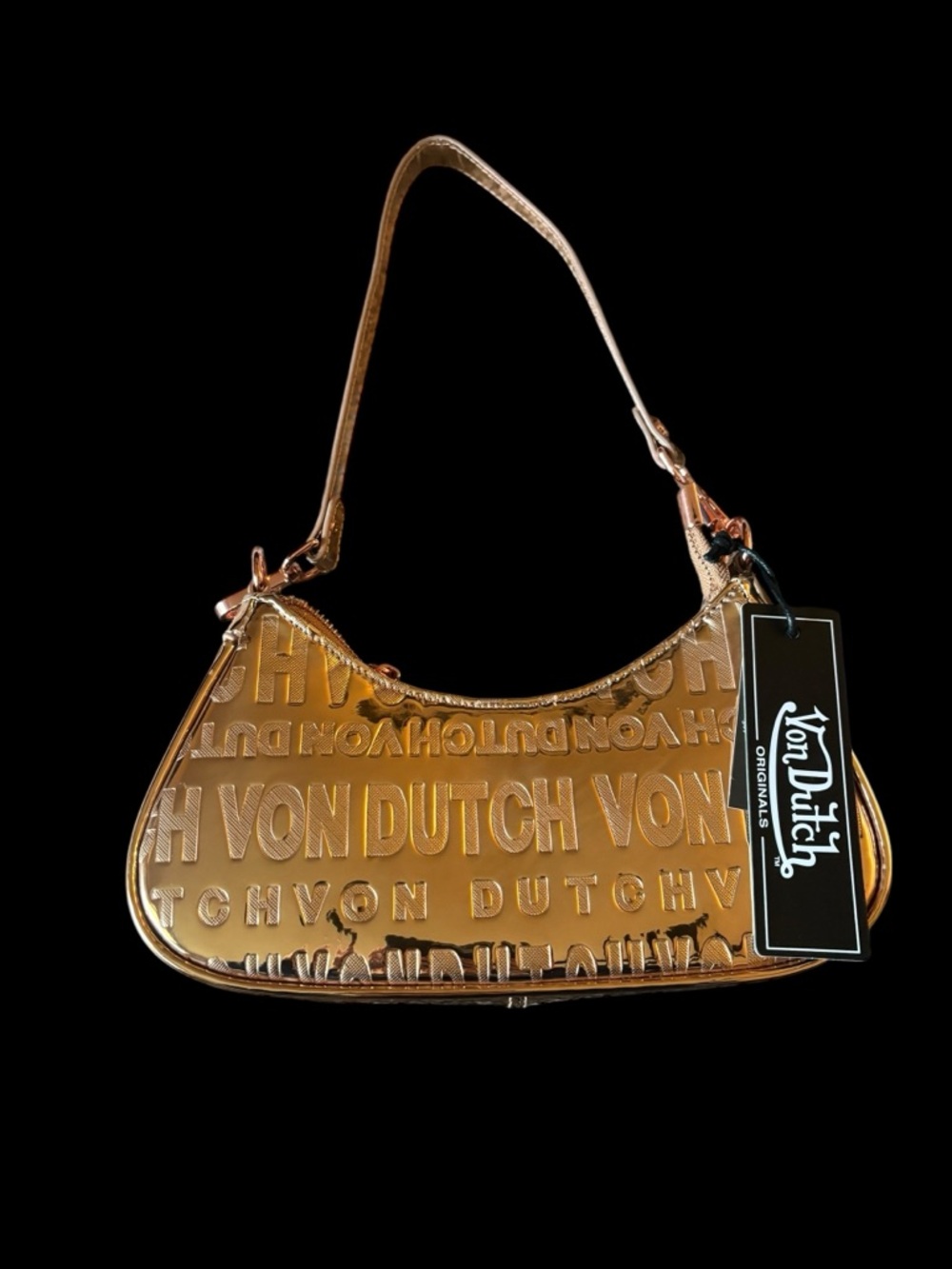 Von Dutch Shiny Gold Logo-Embossed Shoulder Bag